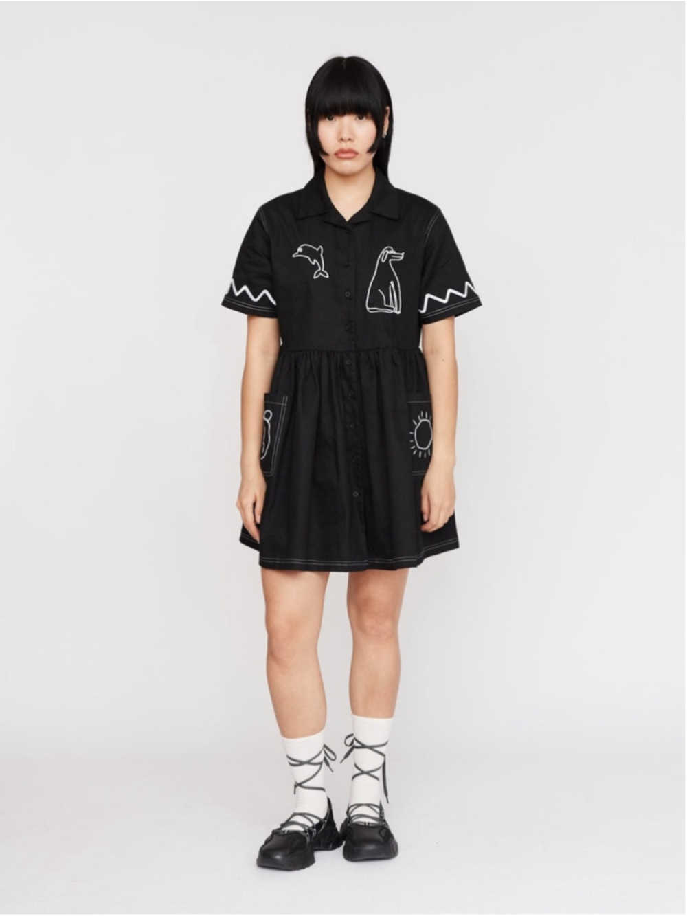 Lazy Oaf Feeling Fine Smock Mini Shirt Dress Black Graphic Art School UK 6